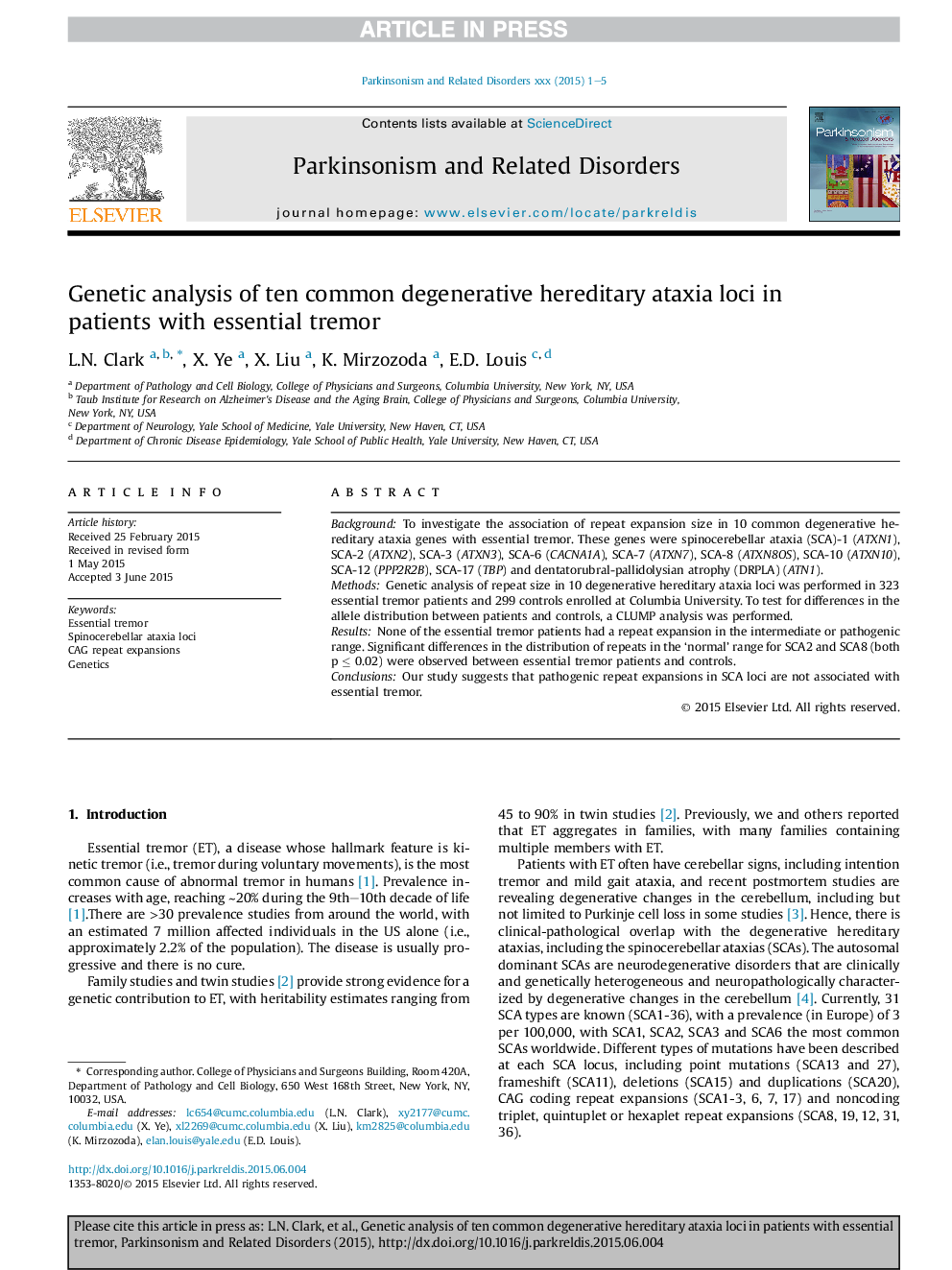 Genetic analysis of ten common degenerative hereditary ataxia loci in patients with essential tremor