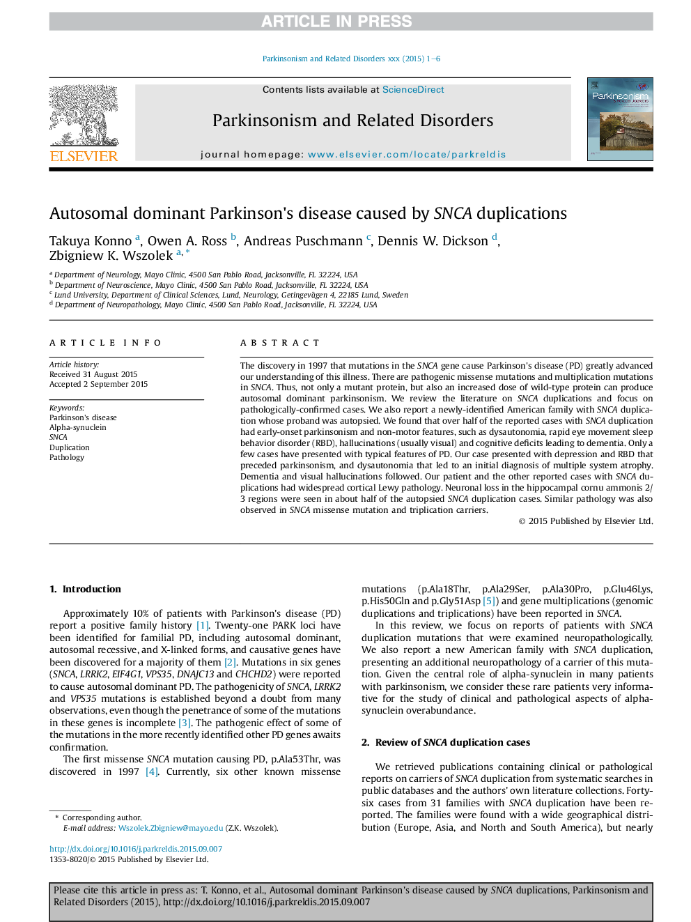 Autosomal dominant Parkinson's disease caused by SNCA duplications