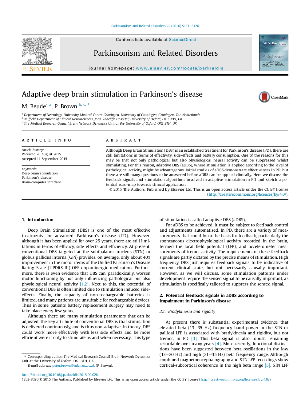 Adaptive deep brain stimulation in Parkinson's disease