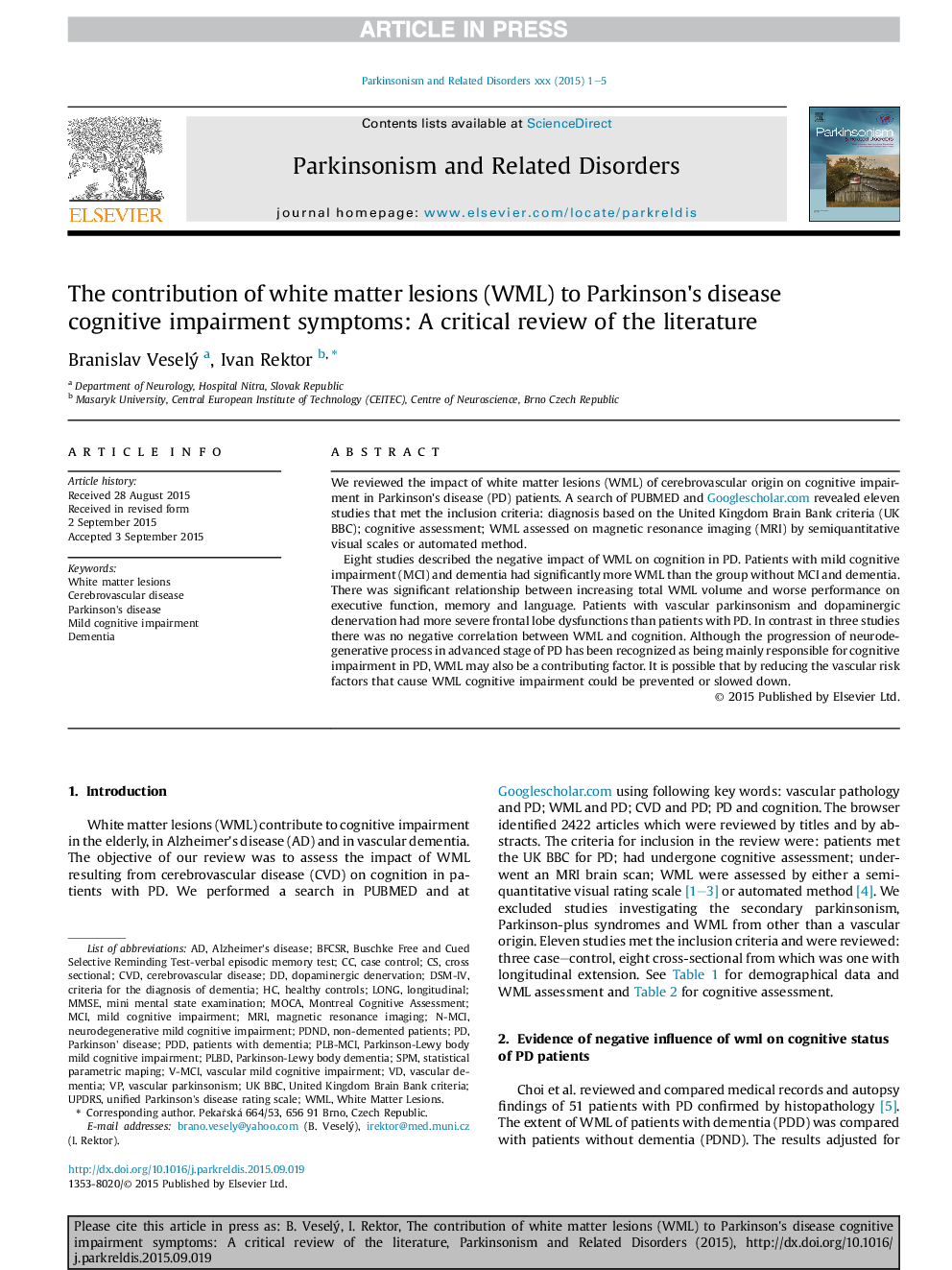 The contribution of white matter lesions (WML) to Parkinson's disease cognitive impairment symptoms: A critical review of the literature