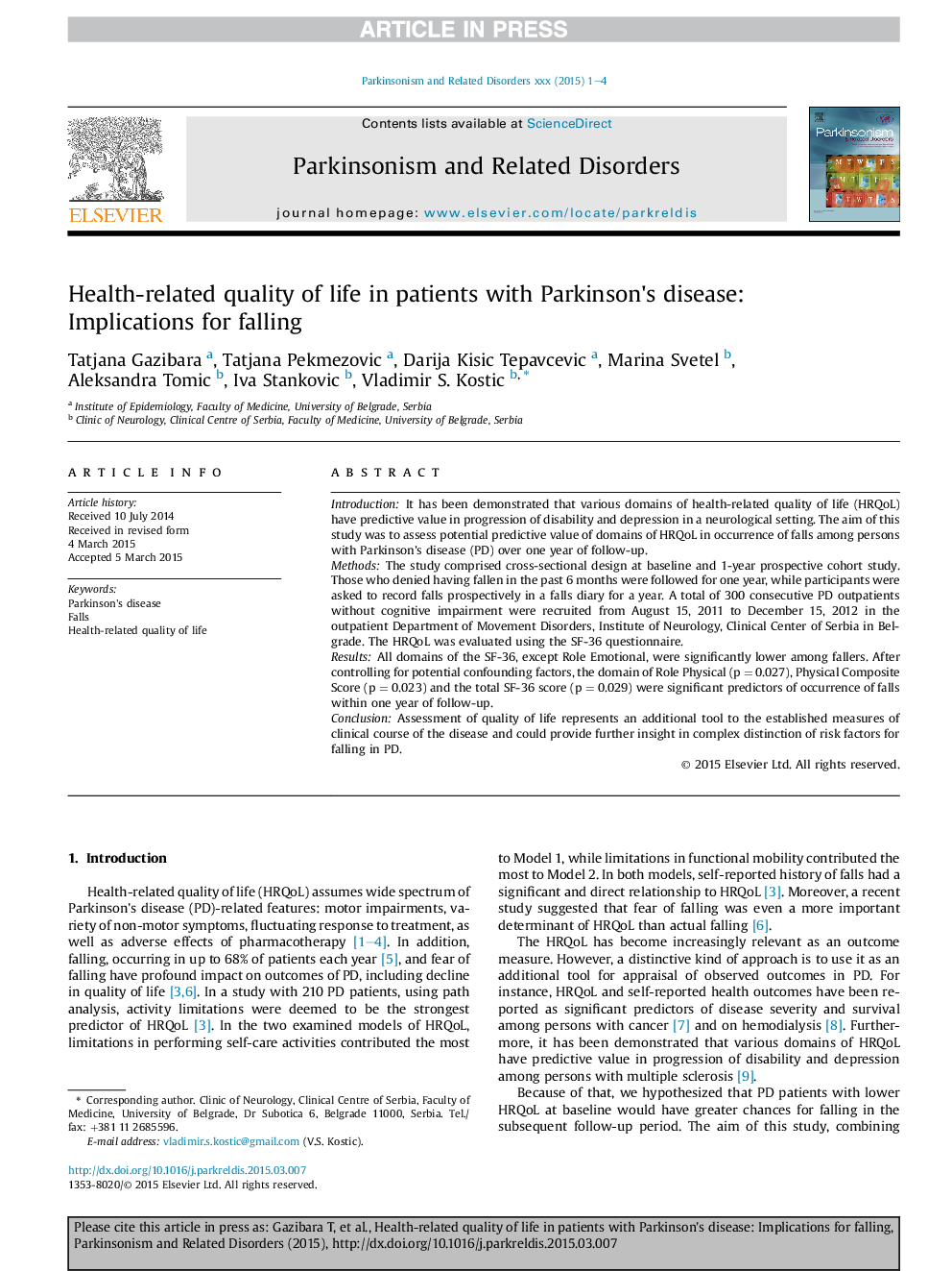 Health-related quality of life in patients with Parkinson's disease: Implications for falling