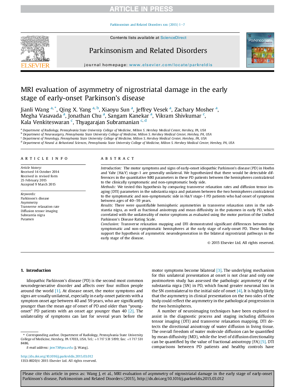 MRI evaluation of asymmetry of nigrostriatal damage in the early stage of early-onset Parkinson's disease