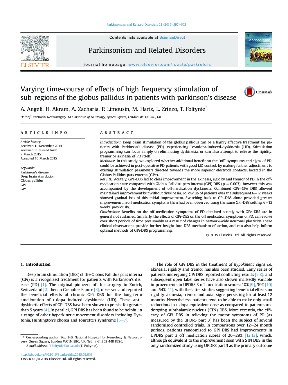تغییر زمان دوره ای اثر تحریک فرکانس بالا در مناطق فرعی گلوبوس پالیدو در بیماران مبتلا به بیماری پارکینسون 