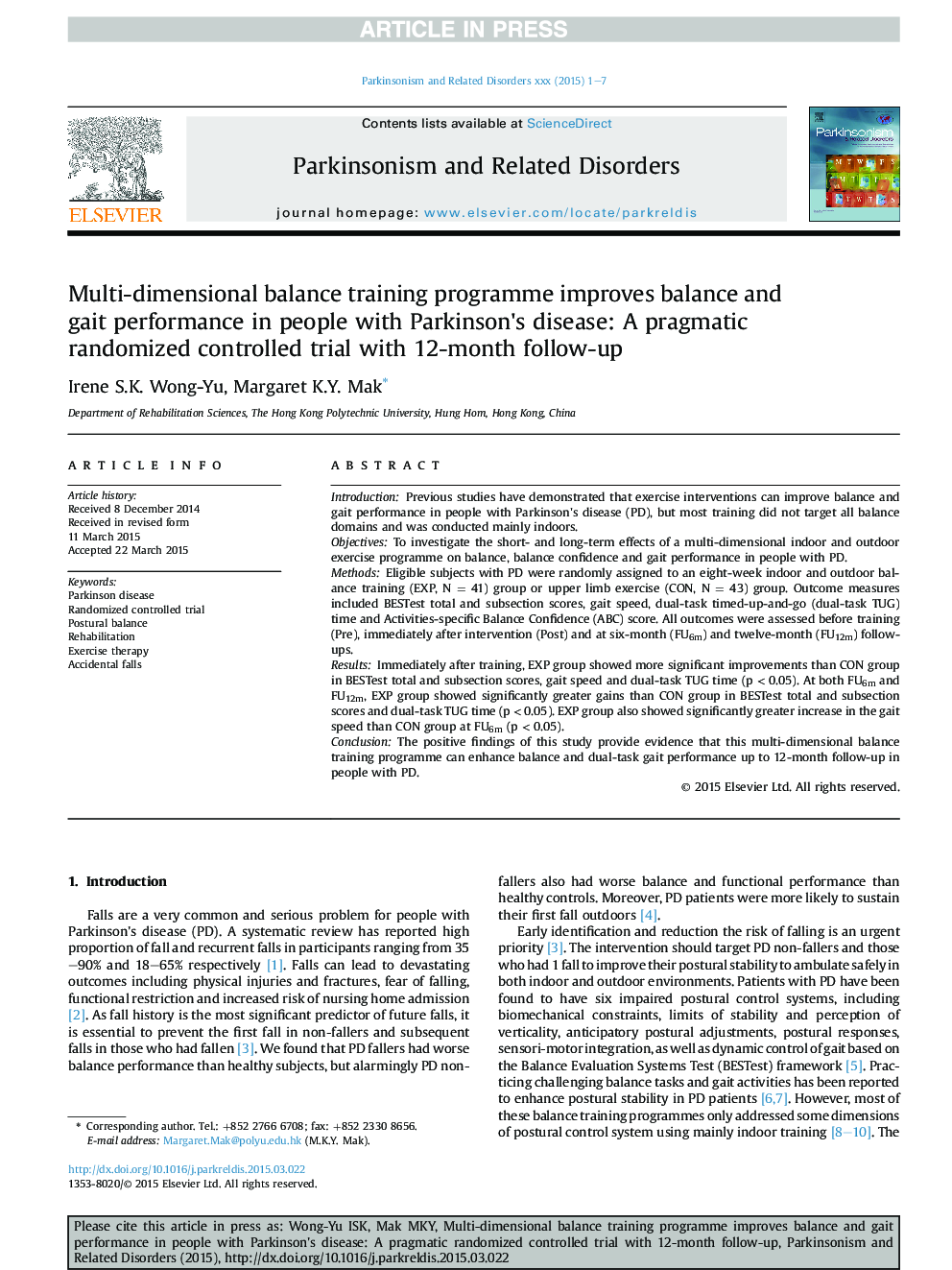 Multi-dimensional balance training programme improves balance and gait performance in people with Parkinson's disease: A pragmatic randomized controlled trial with 12-month follow-up