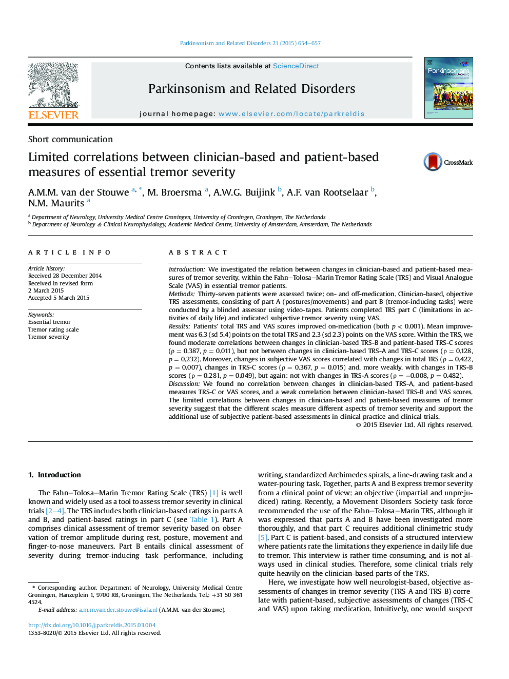 Limited correlations between clinician-based and patient-based measures of essential tremor severity