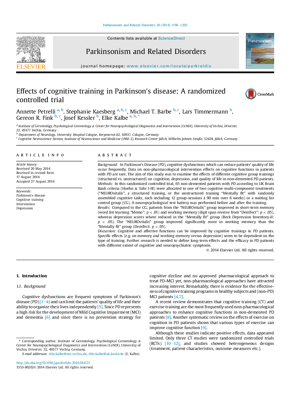 Effects of cognitive training in Parkinson's disease: A randomized controlled trial