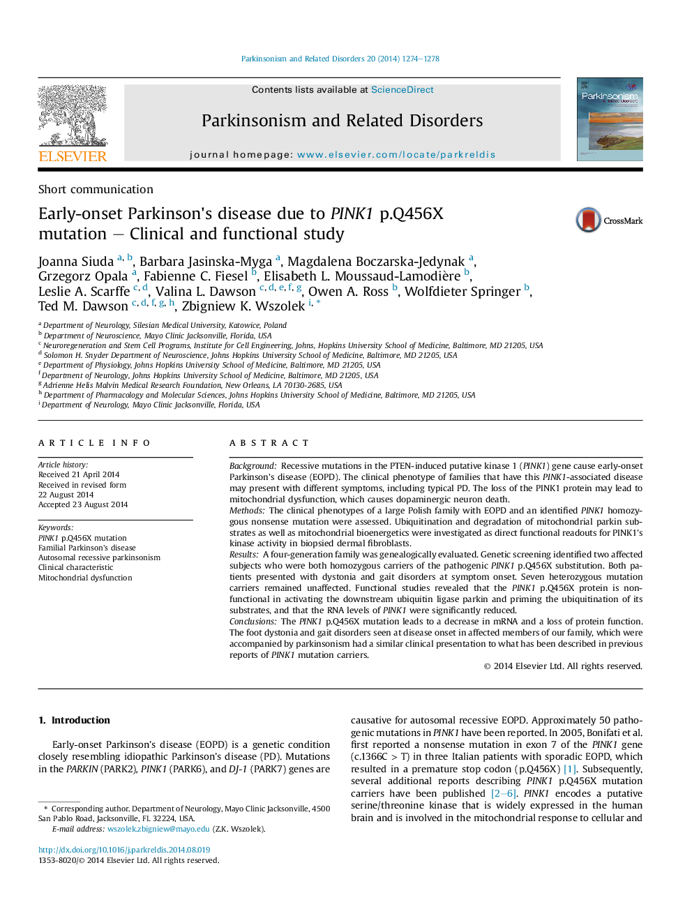 Early-onset Parkinson's disease due to PINK1 p.Q456X mutation - Clinical and functional study