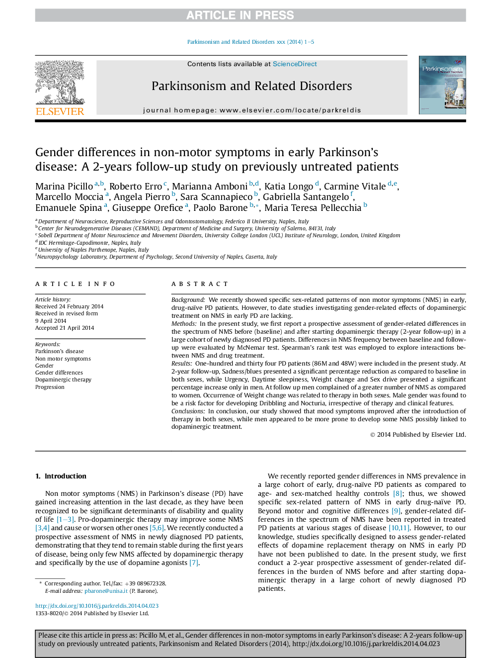 Gender differences in non-motor symptoms in early Parkinson's disease: A 2-years follow-up study on previously untreated patients