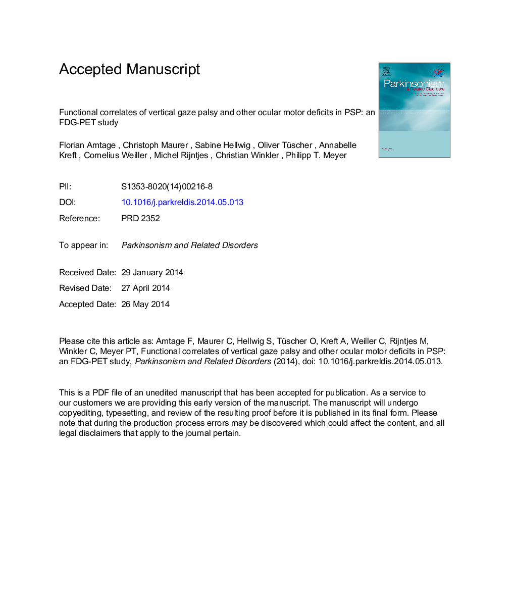 Functional correlates of vertical gaze palsy and other ocular motor deficits in PSP: An FDG-PET study