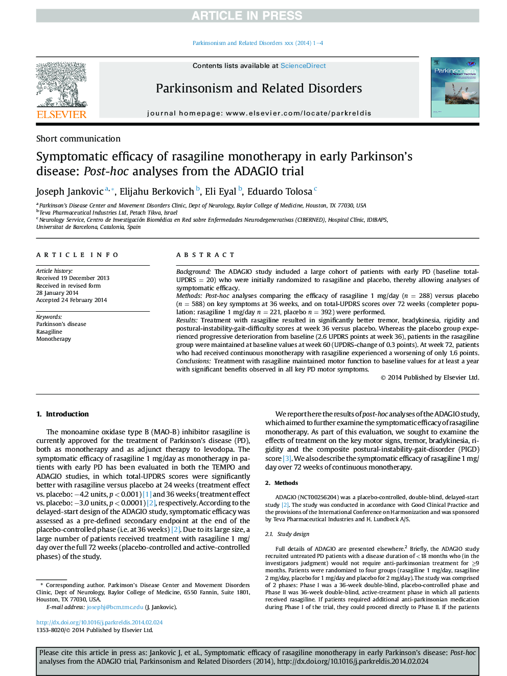 Symptomatic efficacy of rasagiline monotherapy in early Parkinson's disease: Post-hoc analyses from the ADAGIO trial