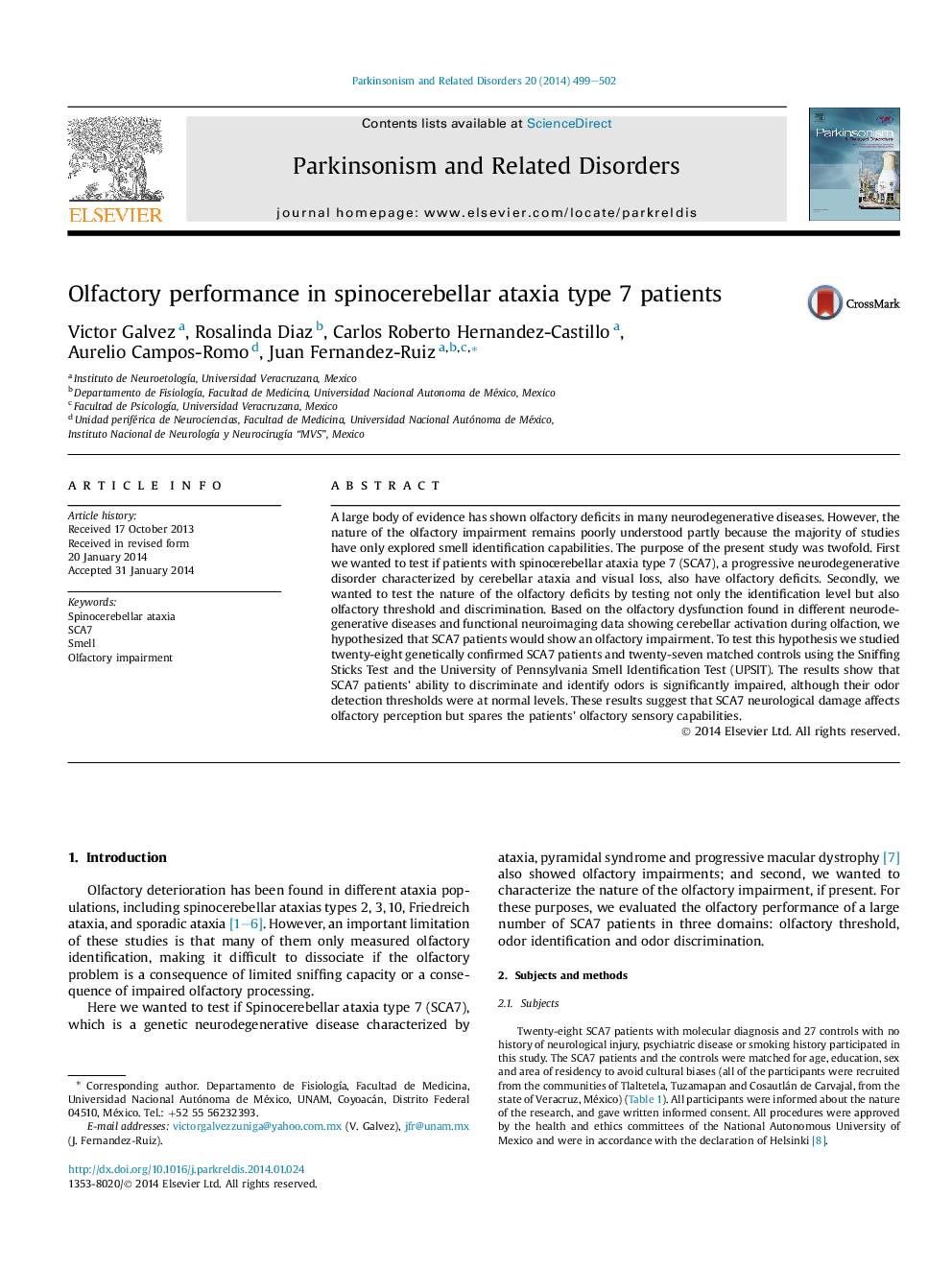 Olfactory performance in spinocerebellar ataxia type 7 patients