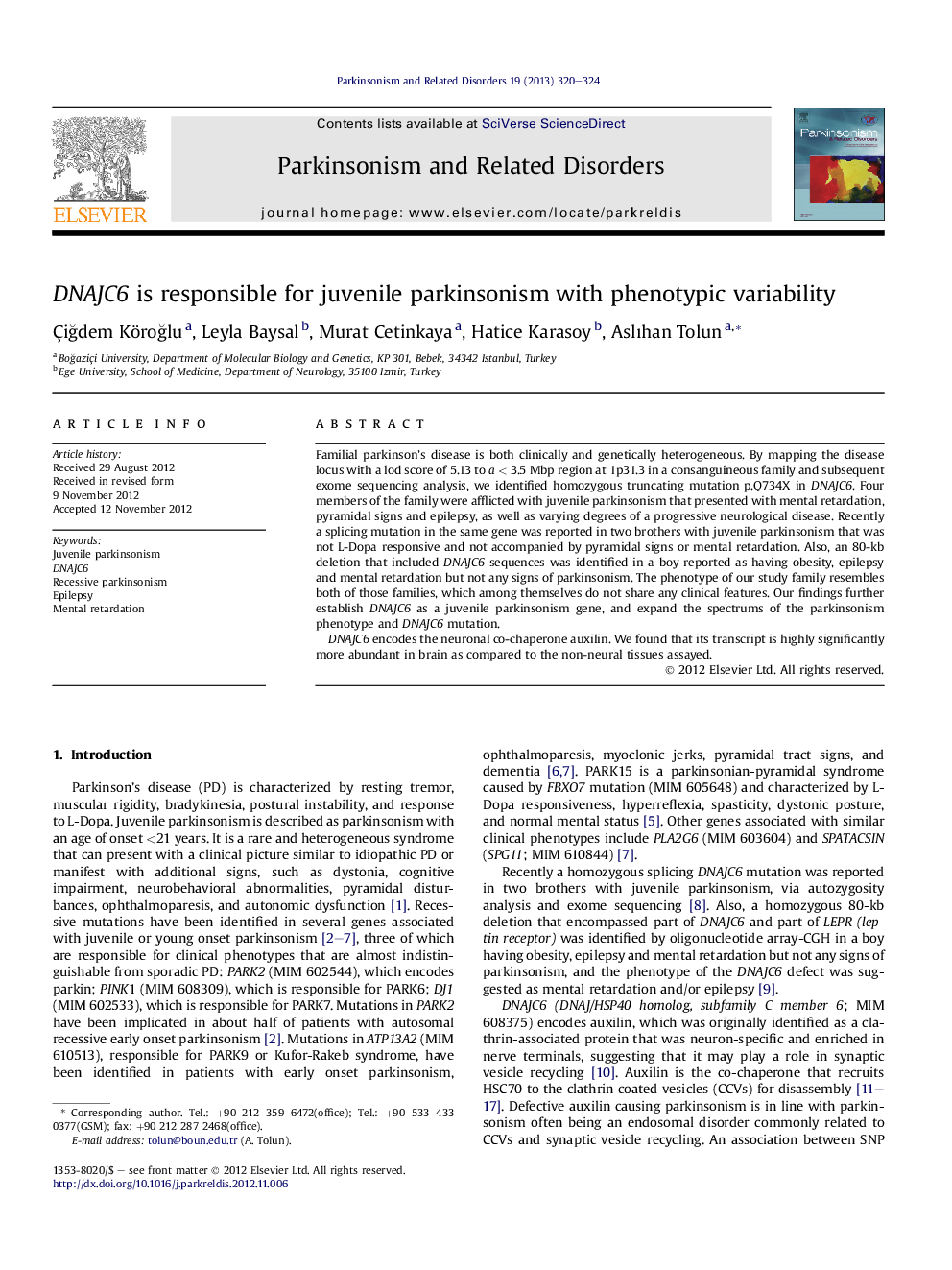 DNAJC6 is responsible for juvenile parkinsonism with phenotypic variability