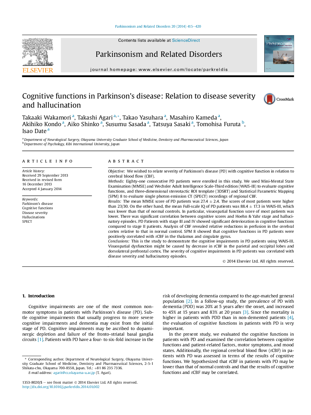 Cognitive functions in Parkinson's disease: Relation to disease severity and hallucination