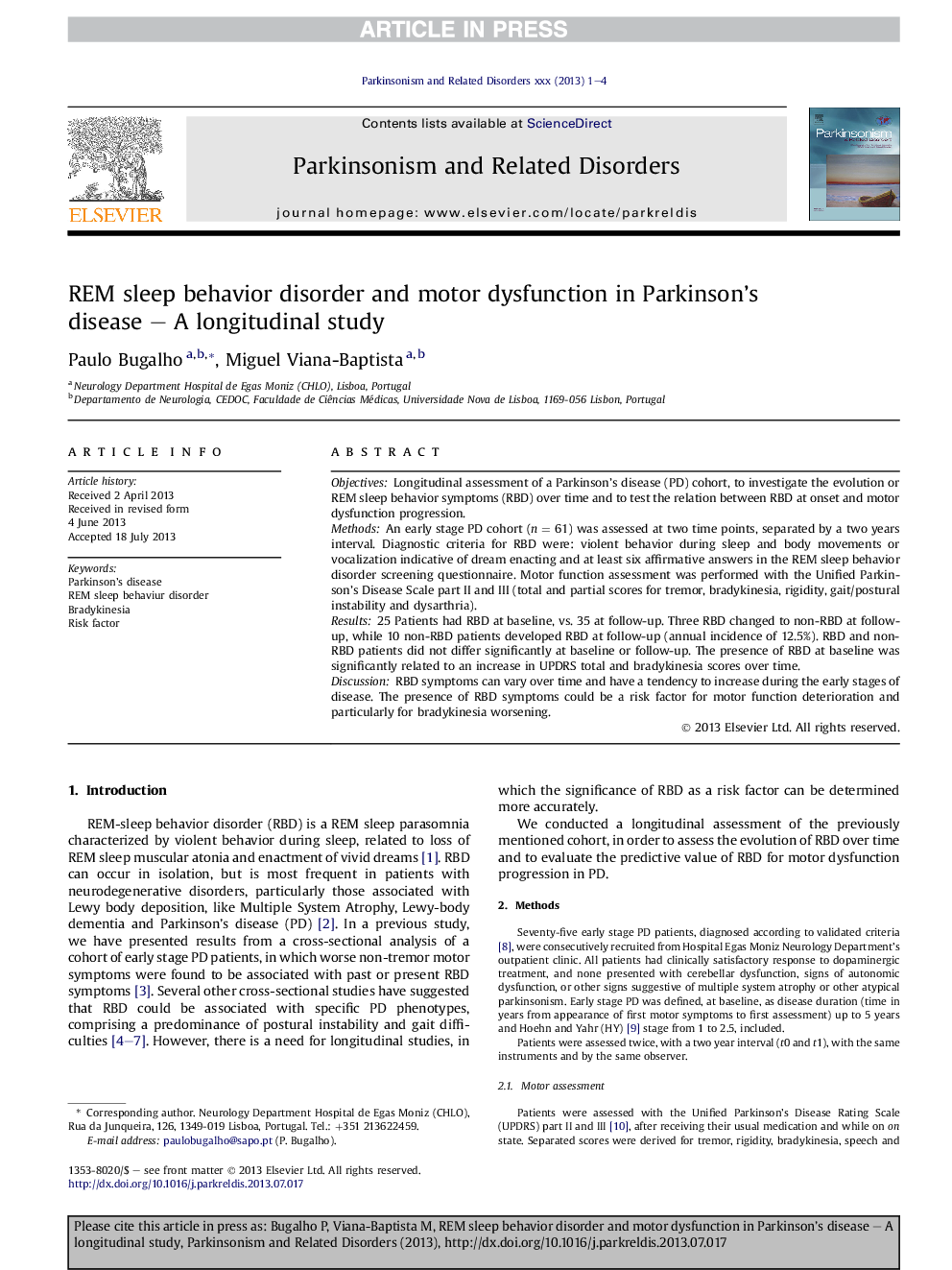 REM sleep behavior disorder and motor dysfunction in Parkinson's disease - A longitudinal study