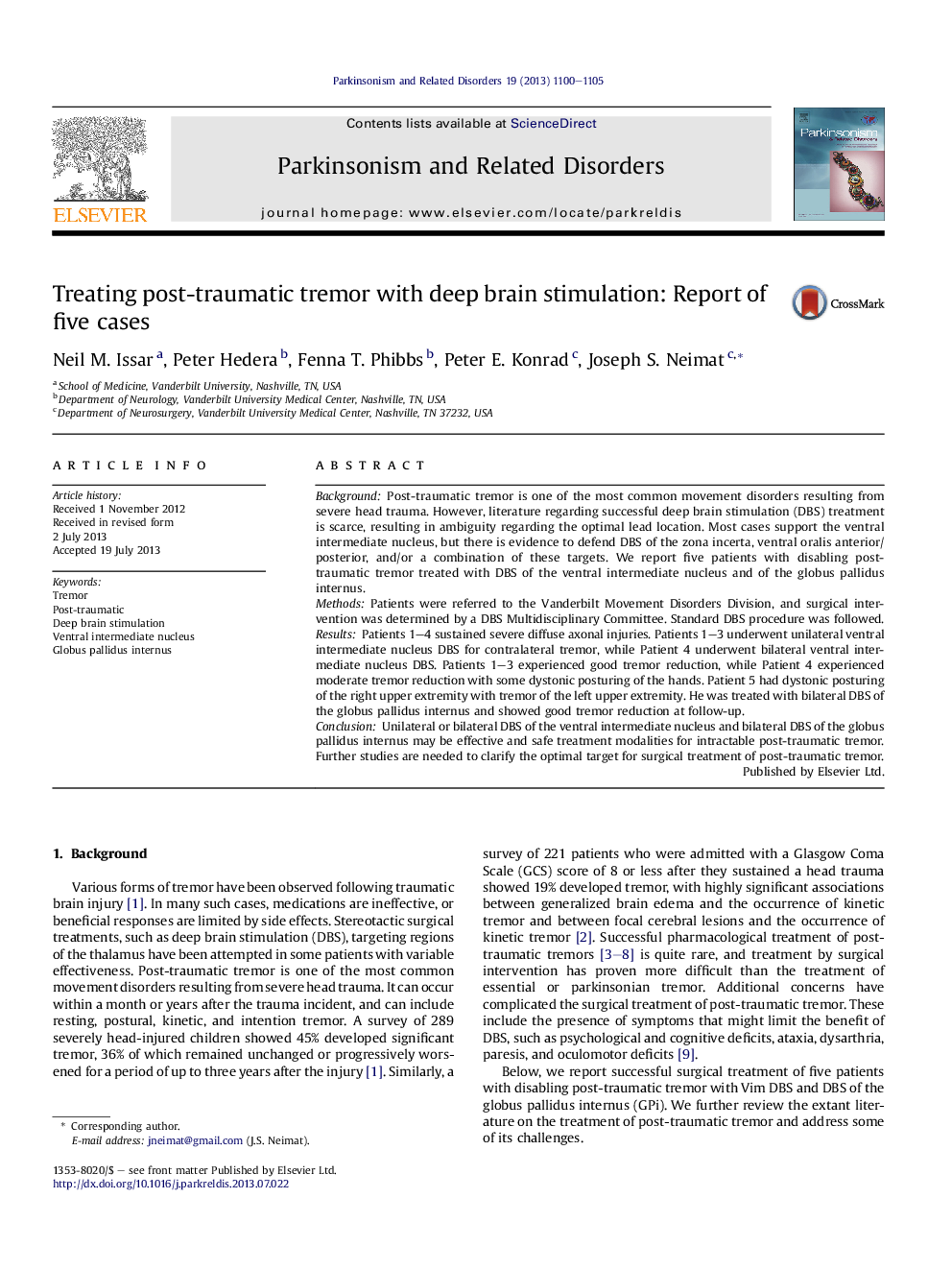 Treating post-traumatic tremor with deep brain stimulation: Report of five cases