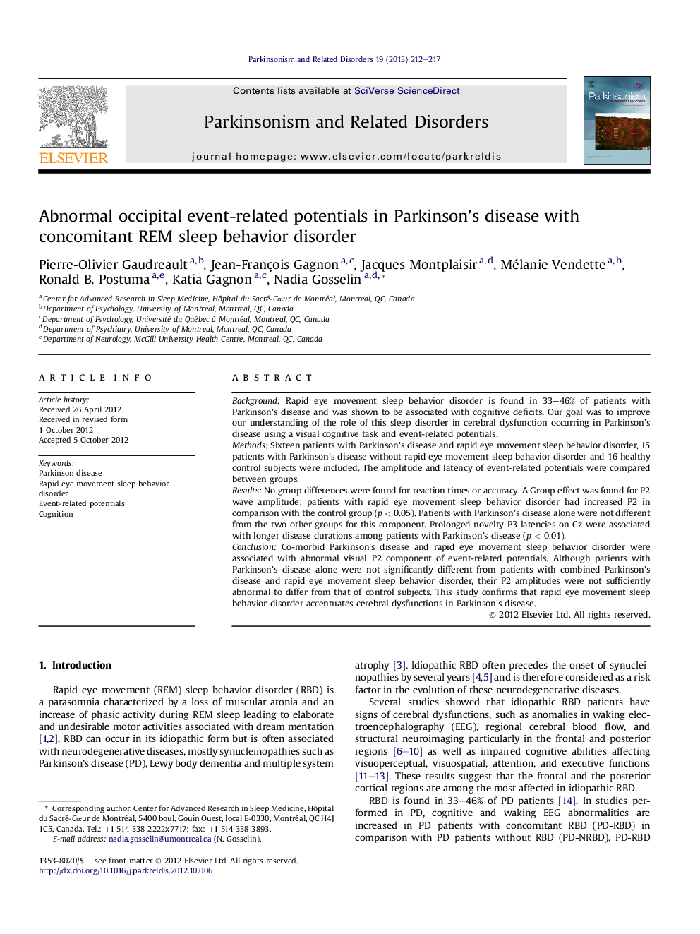 Abnormal occipital event-related potentials in Parkinson's disease with concomitant REM sleep behavior disorder