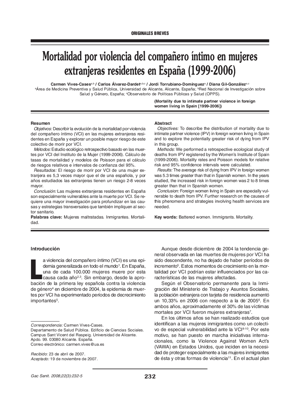 Mortalidad por violencia del compañero íntimo en mujeres extranjeras residentes en España (1999-2006)