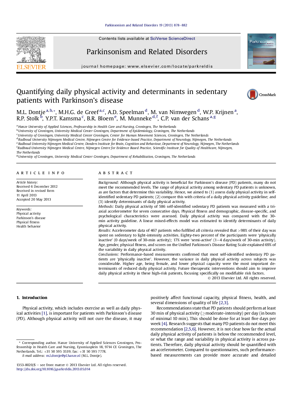 Quantifying daily physical activity and determinants in sedentary patients with Parkinson's disease