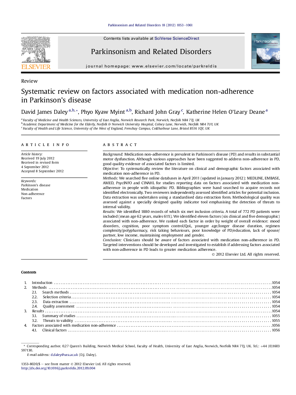 Systematic review on factors associated with medication non-adherence in Parkinson's disease