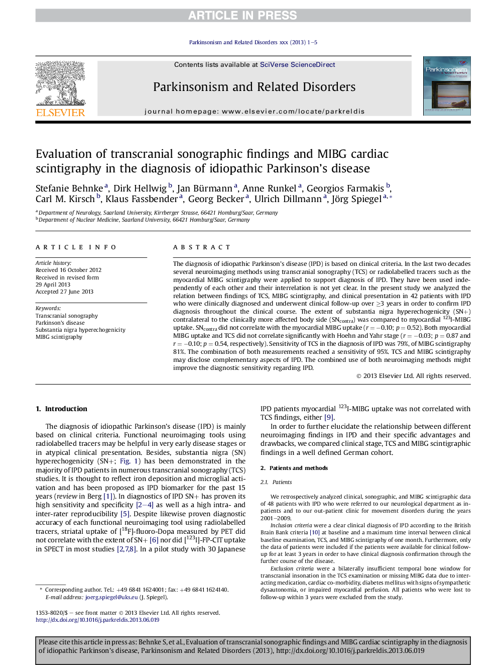 Evaluation of transcranial sonographic findings and MIBG cardiac scintigraphy in the diagnosis of idiopathic Parkinson's disease