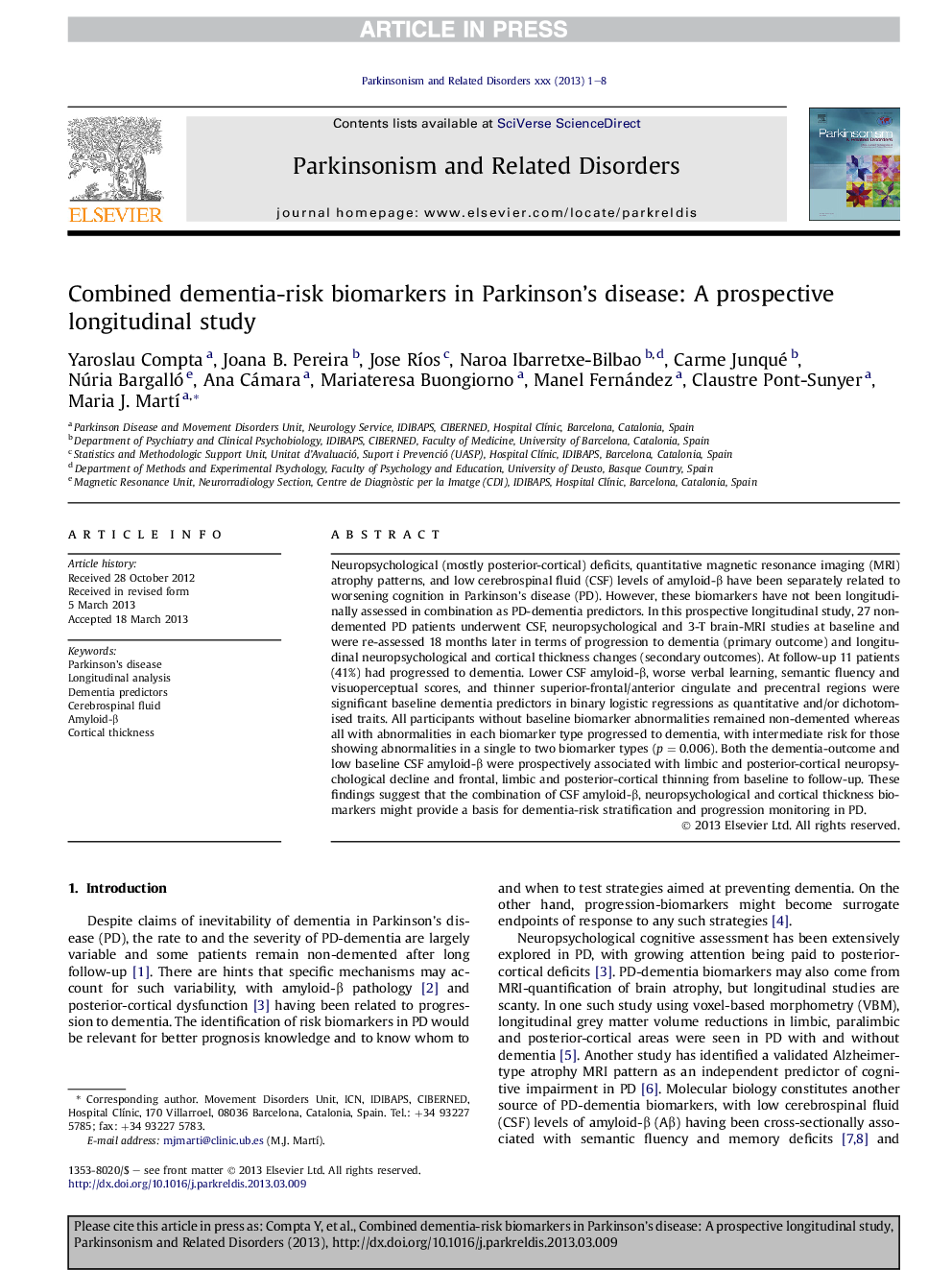 Combined dementia-risk biomarkers in Parkinson's disease: A prospective longitudinal study