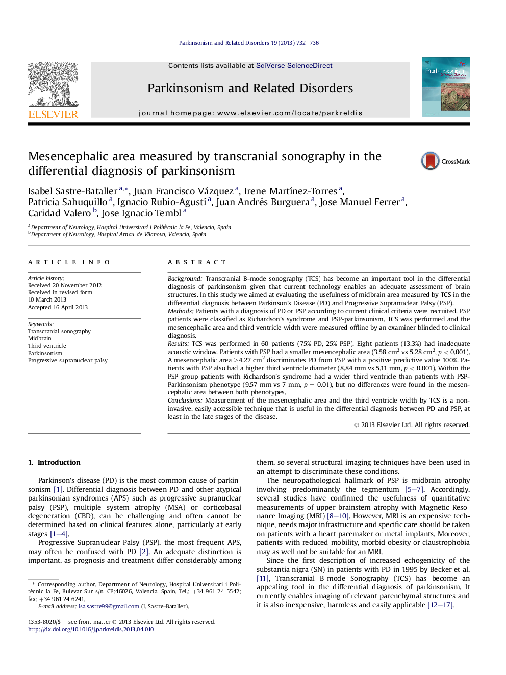 Mesencephalic area measured by transcranial sonography in the differential diagnosis of parkinsonism