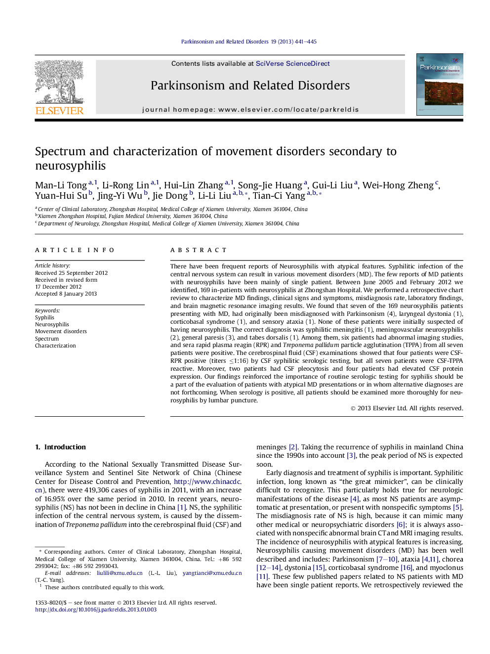 Spectrum and characterization of movement disorders secondary to neurosyphilis