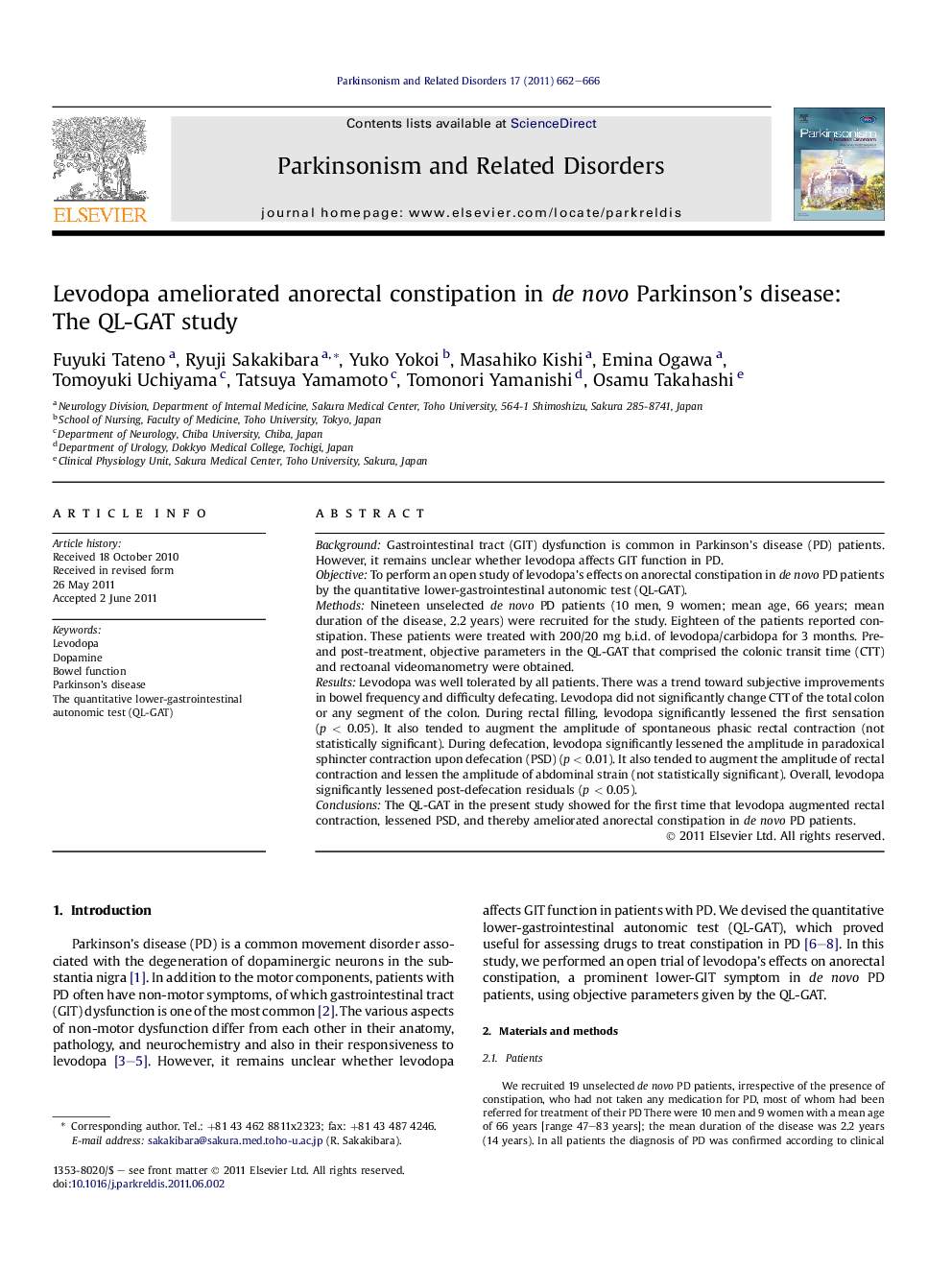 Levodopa ameliorated anorectal constipation in de novo Parkinson's disease: The QL-GAT study