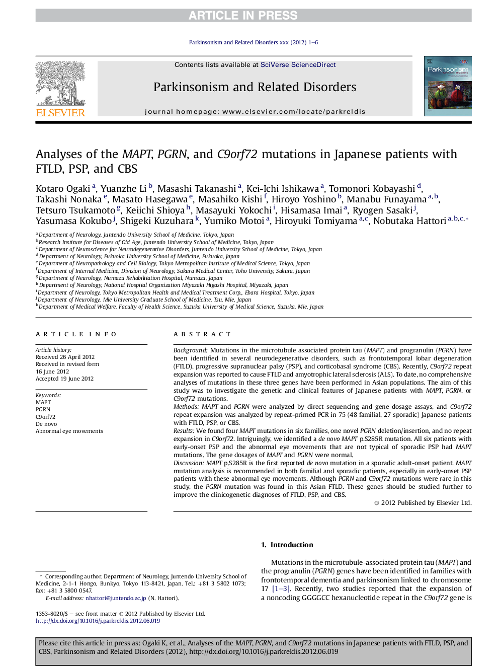 Analyses of the MAPT, PGRN, and C9orf72 mutations in Japanese patients with FTLD, PSP, and CBS