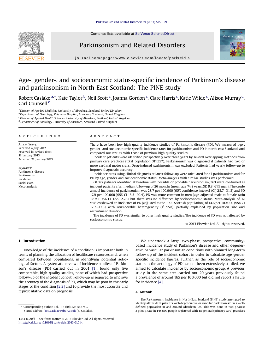 عکس صفحه اول مقاله: Age-, gender-, and socioeconomic status-specific incidence of Parkinson's disease and parkinsonism in North East Scotland: The PINE study Age-, gender-, and socioeconomic status-specific incidence of Parkinson's disease and parkinsonism in North East Scotland: The PINE study