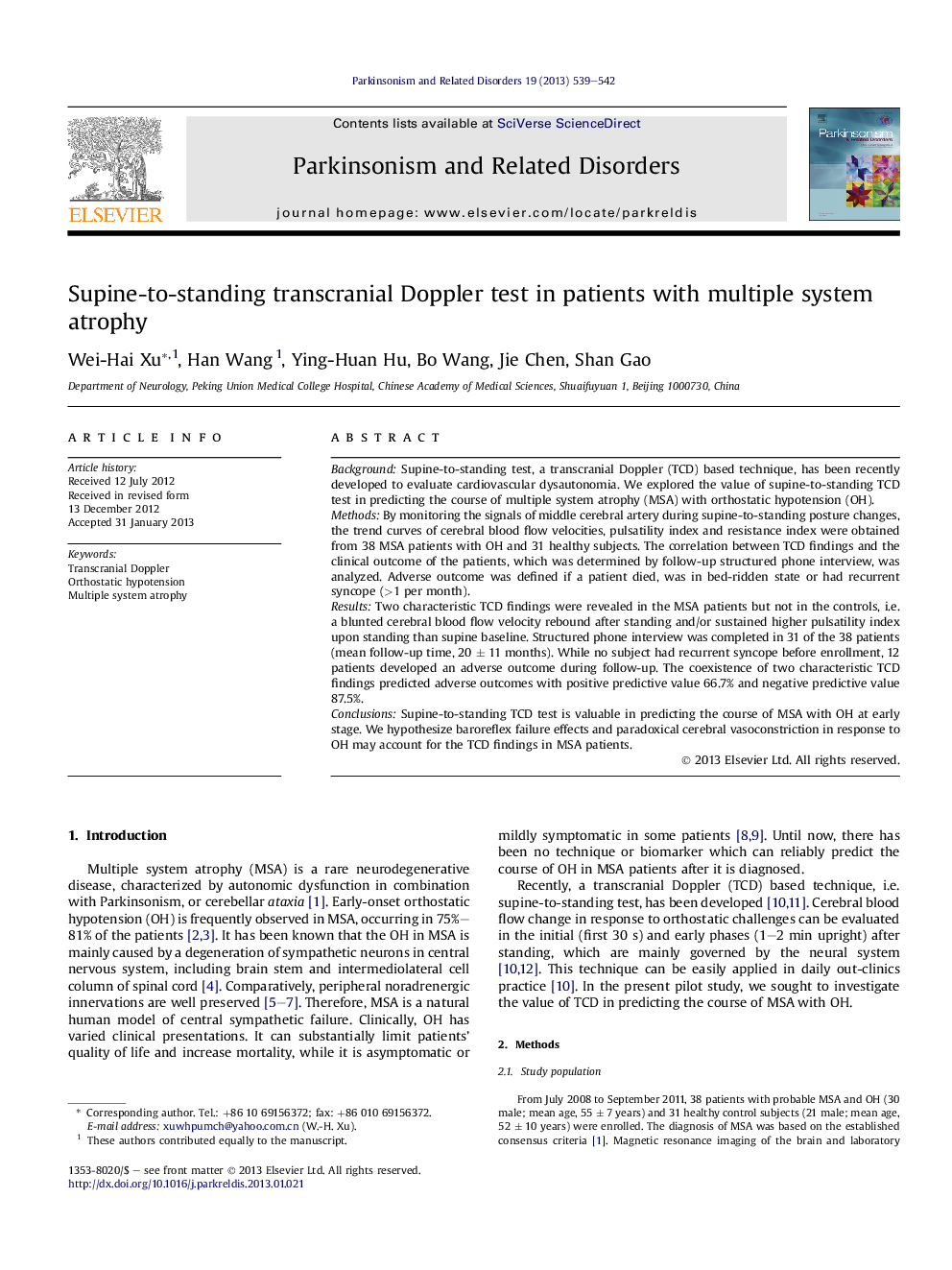 Supine-to-standing transcranial Doppler test in patients with multiple system atrophy