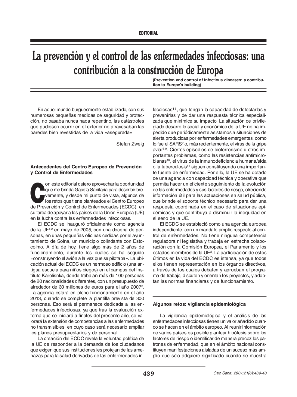 La prevención y el control de las enfermedades infecciosas: una contribución a la construcción de Europa