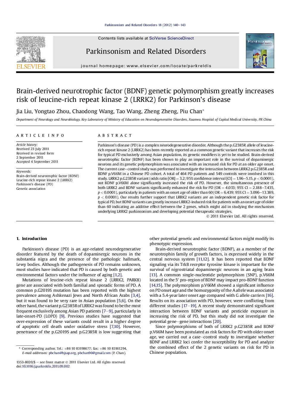 Brain-derived neurotrophic factor (BDNF) genetic polymorphism greatly increases risk of leucine-rich repeat kinase 2 (LRRK2) for Parkinson's disease