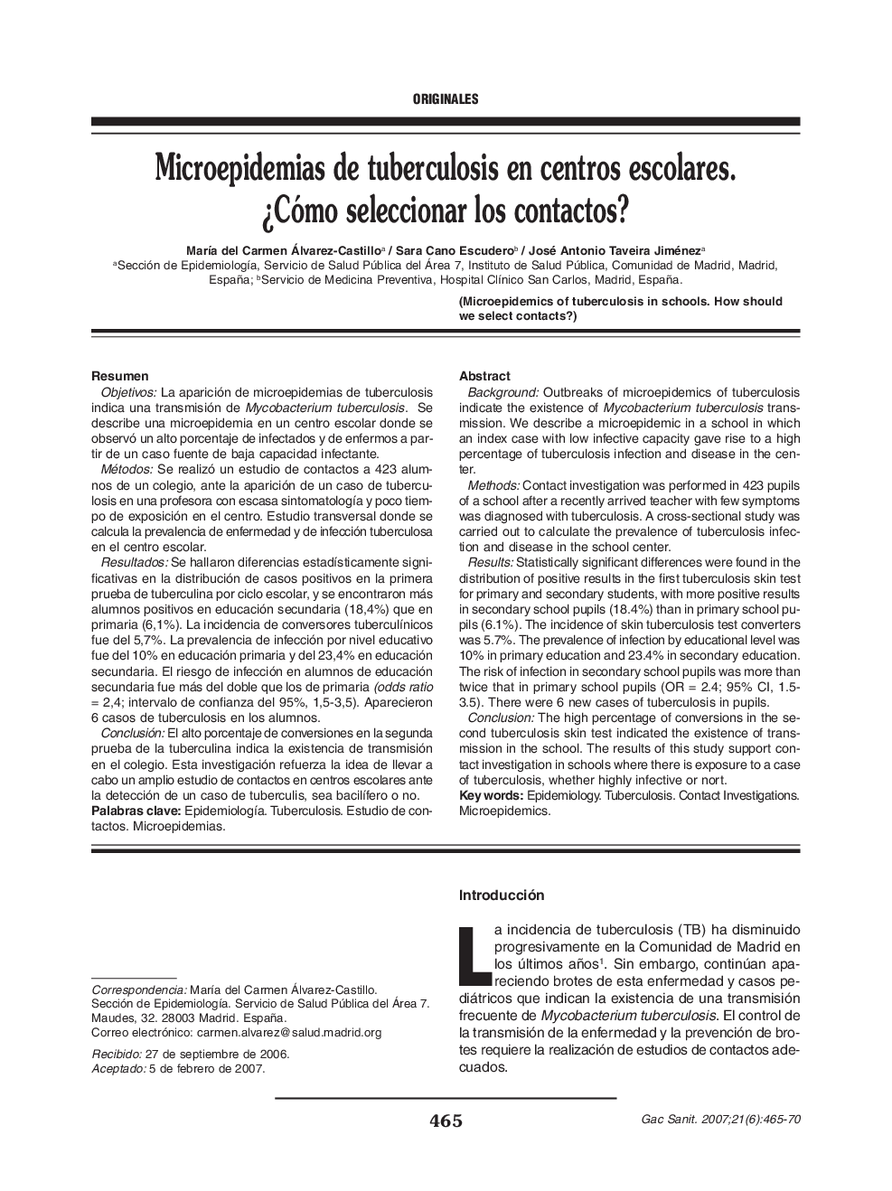 عکس صفحه اول مقاله: Microepidemias de tuberculosis en centros escolares. ¿Cómo seleccionar los contactos? Microepidemias de tuberculosis en centros escolares. ¿Cómo seleccionar los contactos?