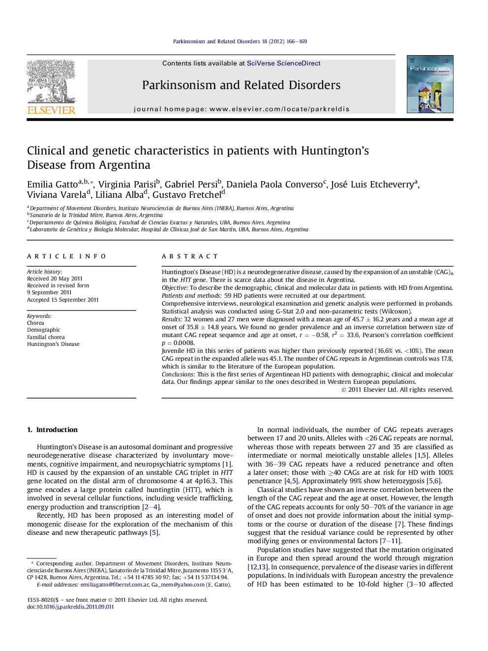 Clinical and genetic characteristics in patients with Huntington's Disease from Argentina