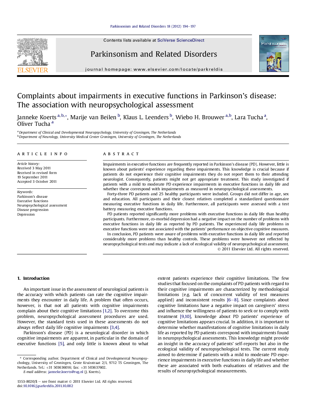 Complaints about impairments in executive functions in Parkinson's disease: The association with neuropsychological assessment