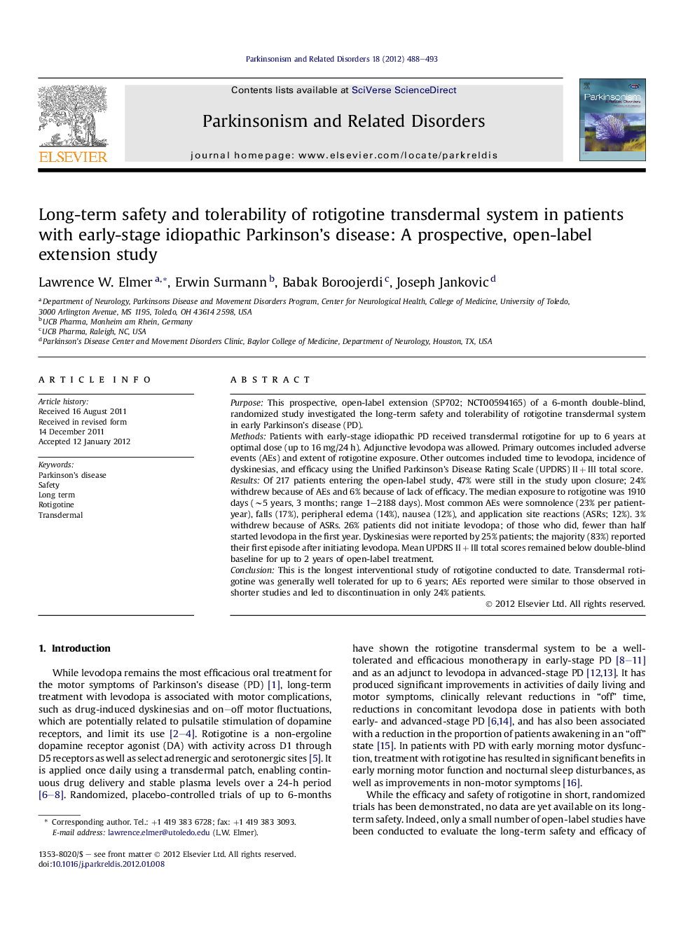 Long-term safety and tolerability of rotigotine transdermal system in patients with early-stage idiopathic Parkinson's disease: A prospective, open-label extension study