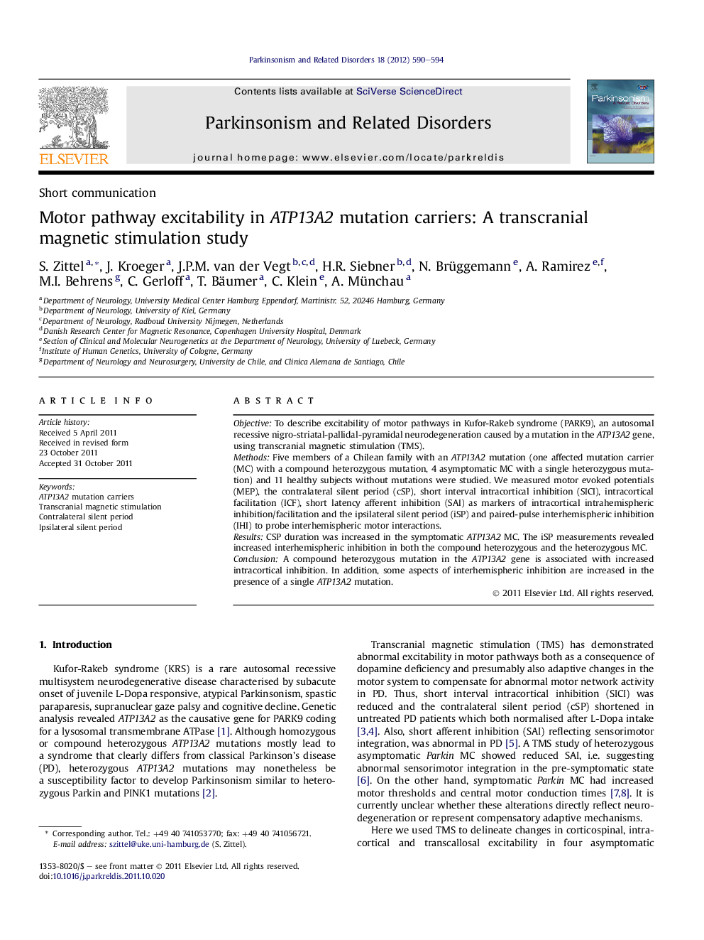 Motor pathway excitability in ATP13A2 mutation carriers: A transcranial magnetic stimulation study