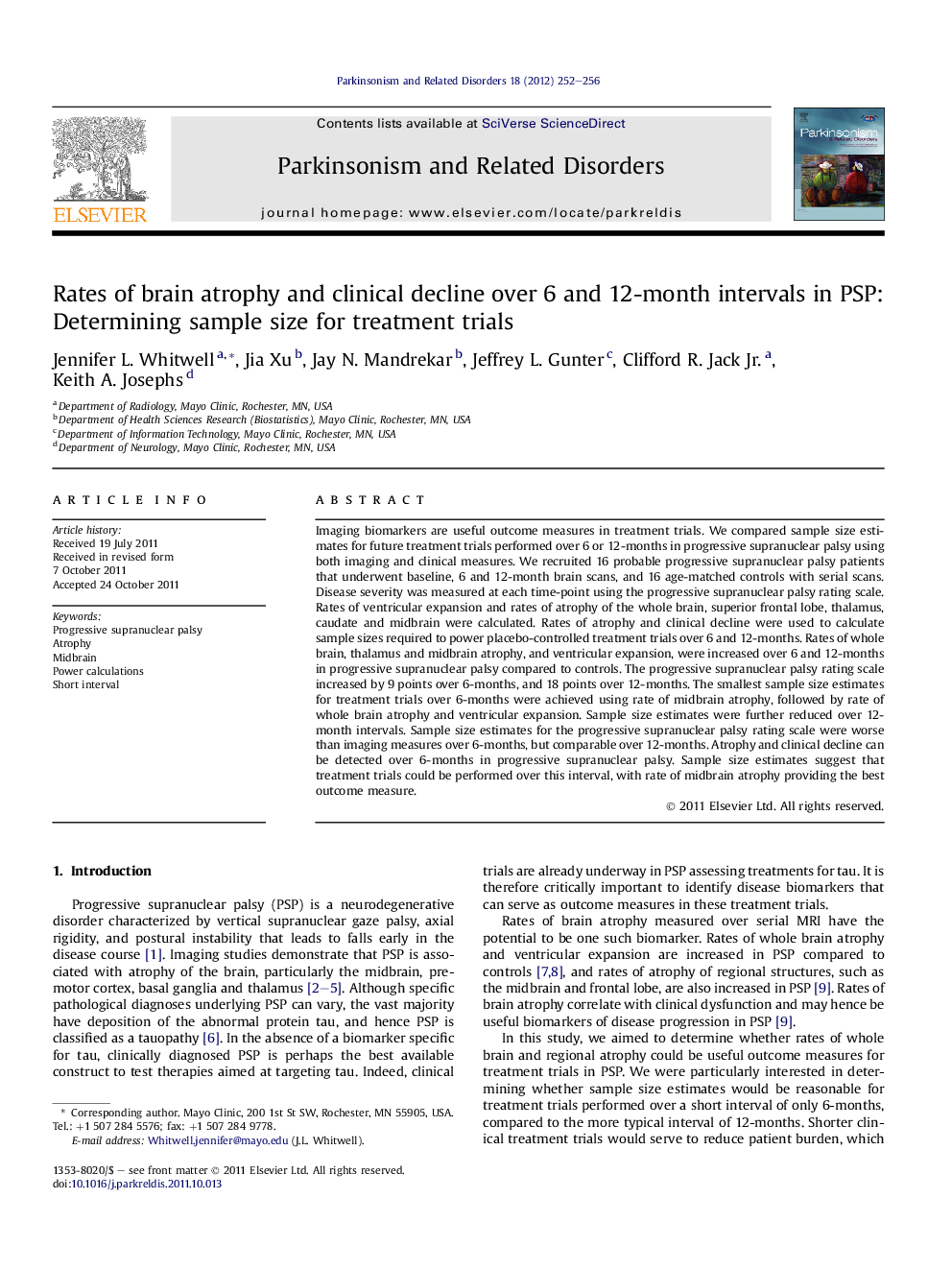 Rates of brain atrophy and clinical decline over 6 and 12-month intervals in PSP: Determining sample size for treatment trials