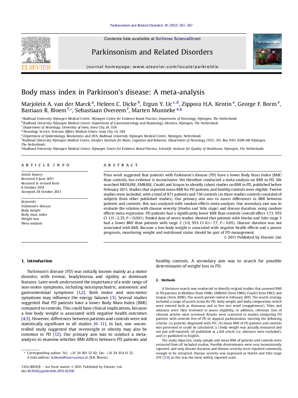 Body mass index in Parkinson's disease: A meta-analysis