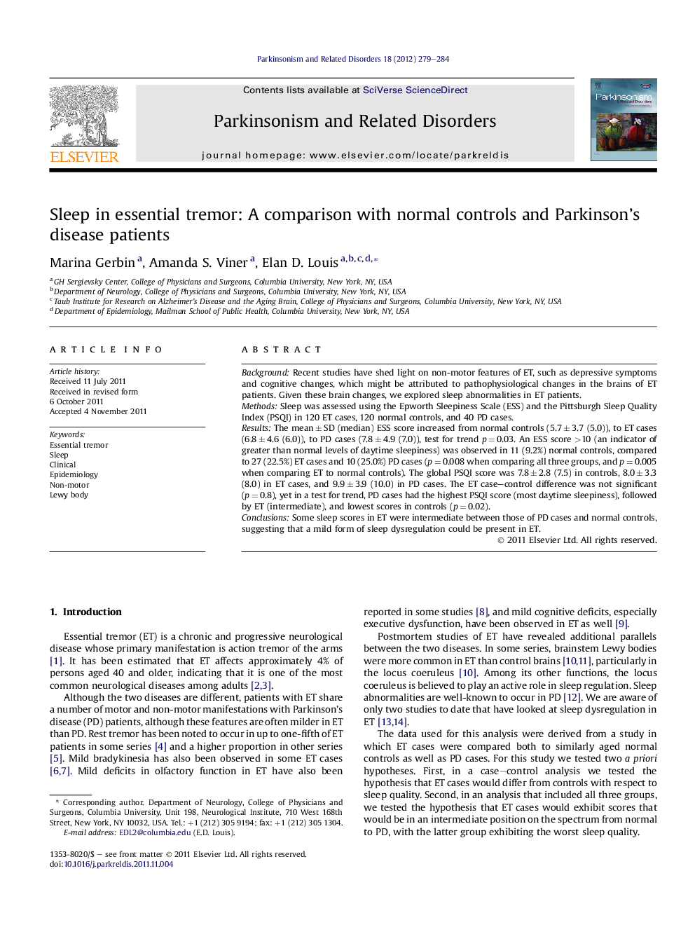 Sleep in essential tremor: A comparison with normal controls and Parkinson's disease patients