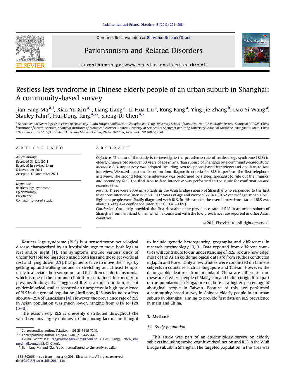 Restless legs syndrome in Chinese elderly people of an urban suburb in Shanghai: A community-based survey