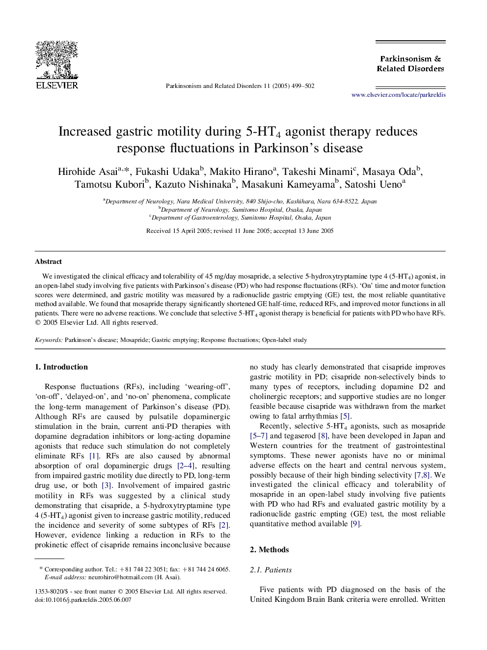 Increased gastric motility during 5-HT4 agonist therapy reduces response fluctuations in Parkinson's disease