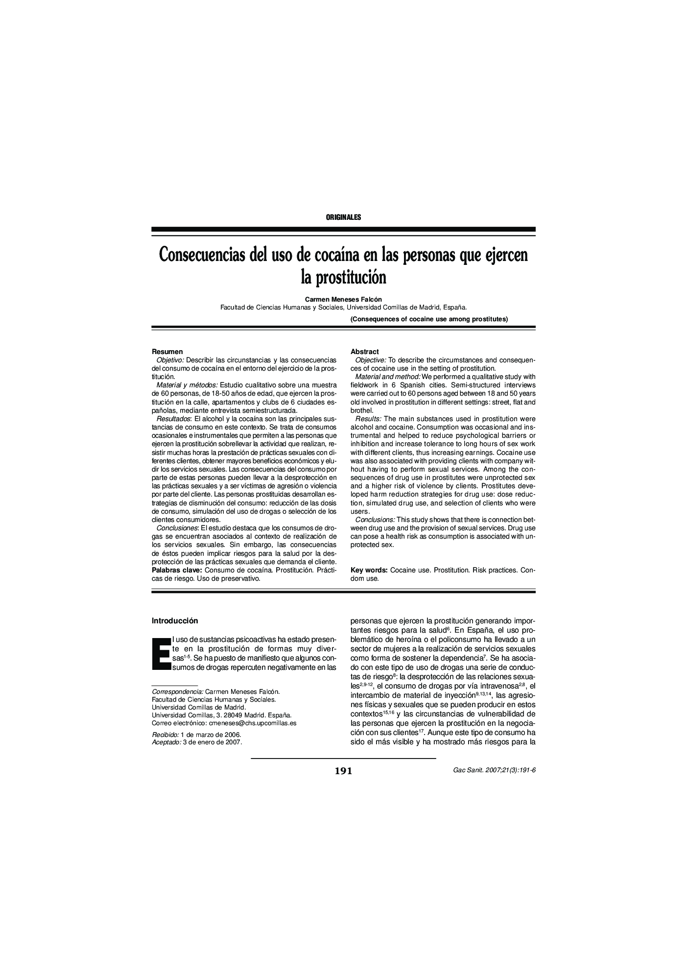 Consecuencias del uso de cocaína en las personas que ejercen la prostitución