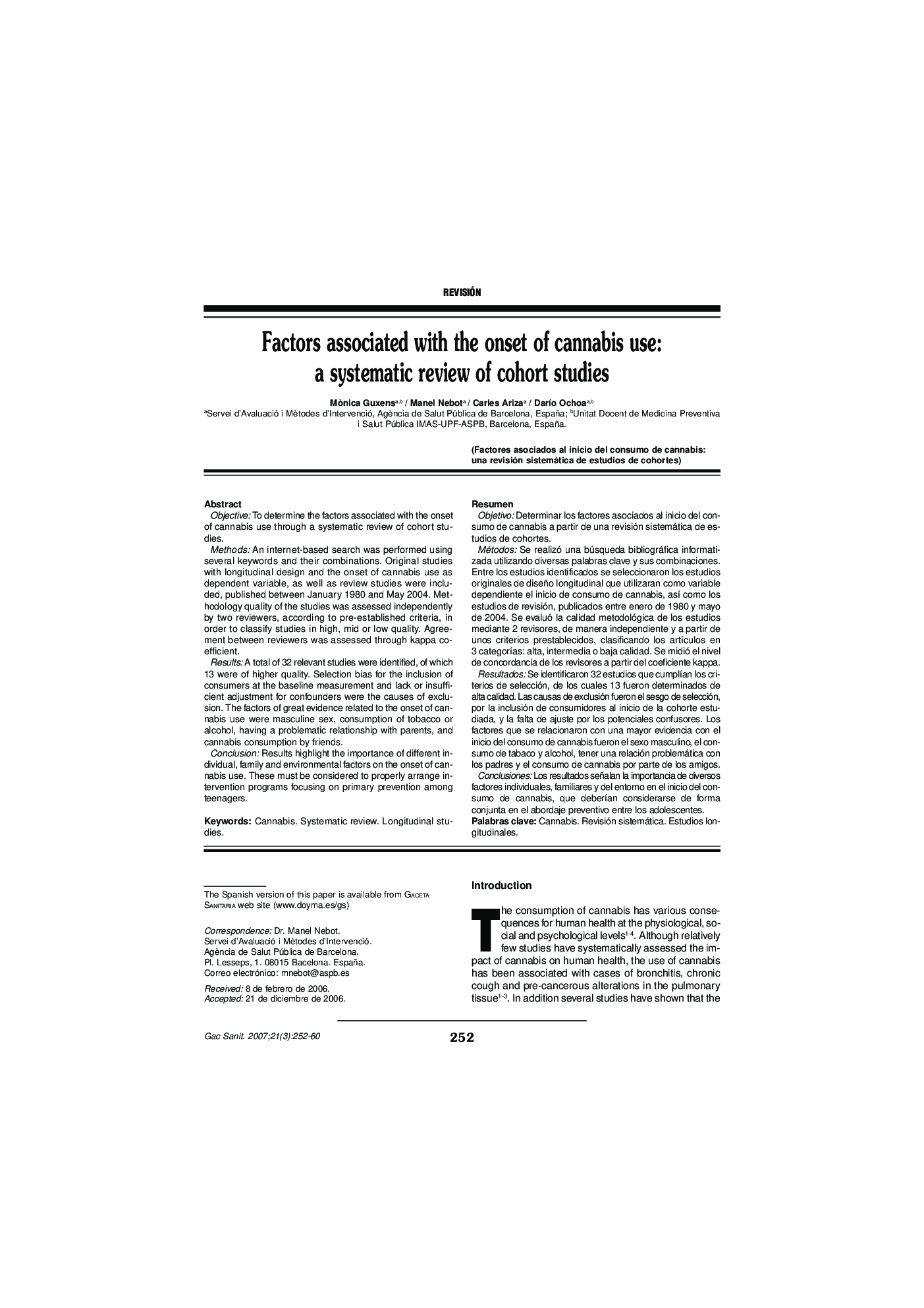 Factors associated with the onset of cannabis use: a systematic review of cohort studies
