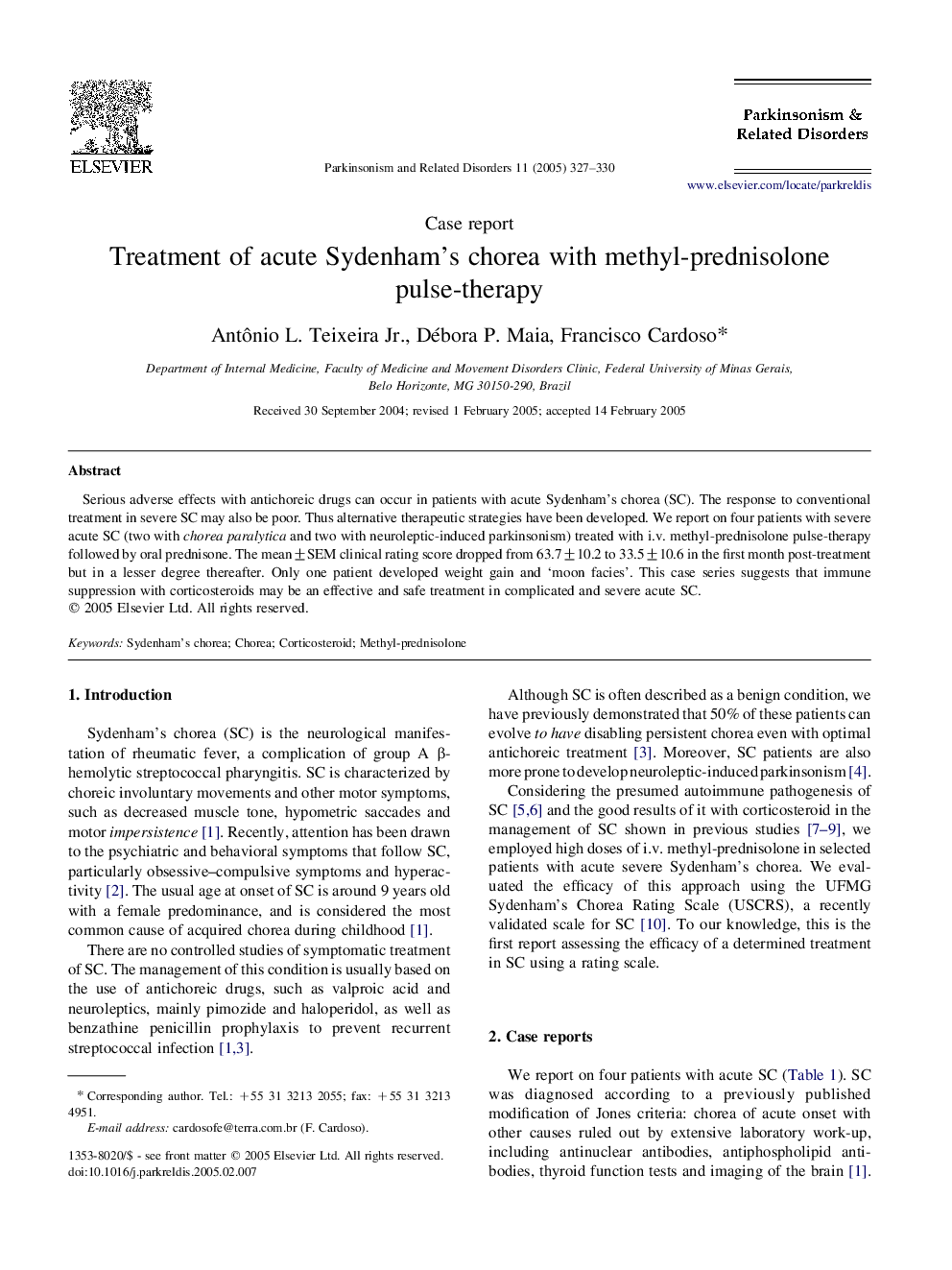 Treatment of acute Sydenham's chorea with methyl-prednisolone pulse-therapy