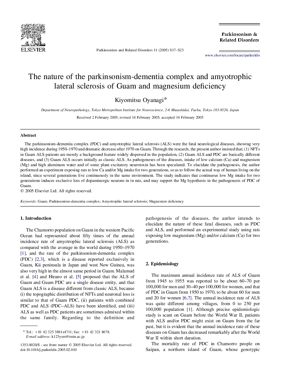 The nature of the parkinsonism-dementia complex and amyotrophic lateral sclerosis of Guam and magnesium deficiency