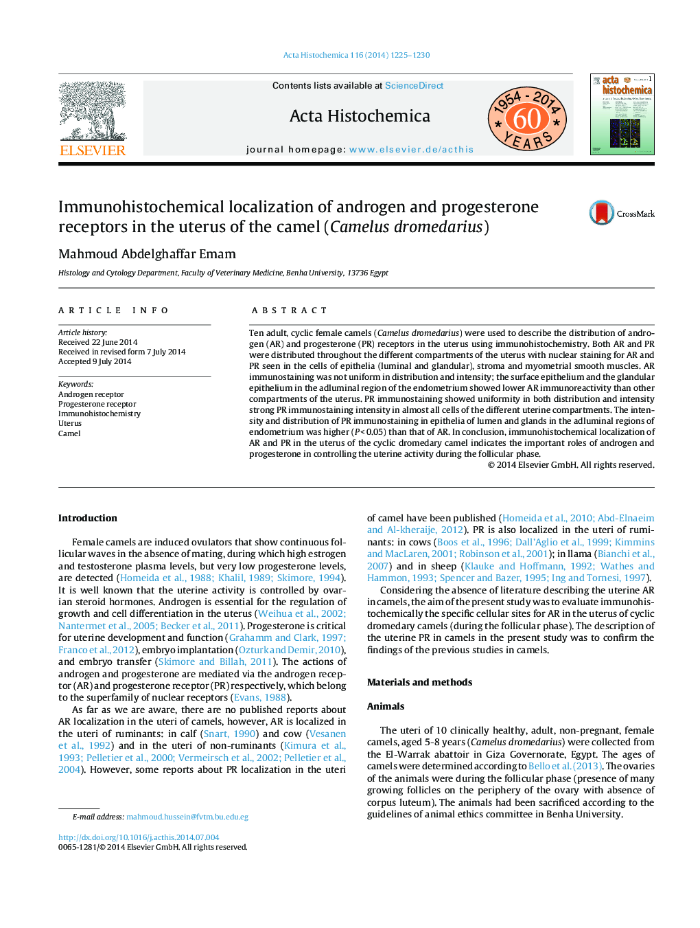 Immunohistochemical localization of androgen and progesterone receptors in the uterus of the camel (Camelus dromedarius)