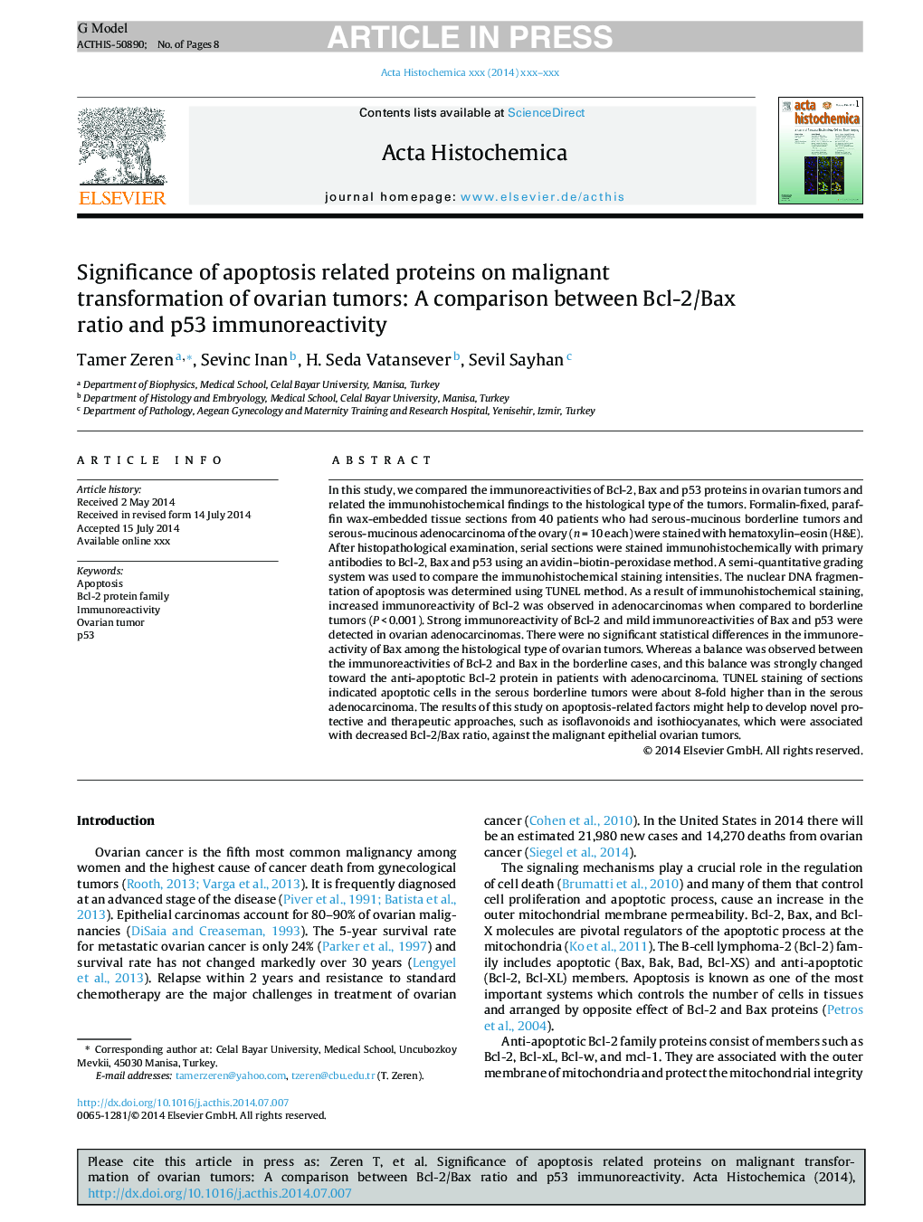 Significance of apoptosis related proteins on malignant transformation of ovarian tumors: A comparison between Bcl-2/Bax ratio and p53 immunoreactivity