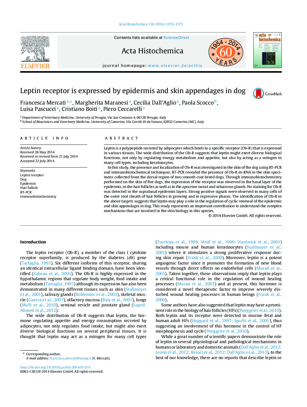 Leptin receptor is expressed by epidermis and skin appendages in dog